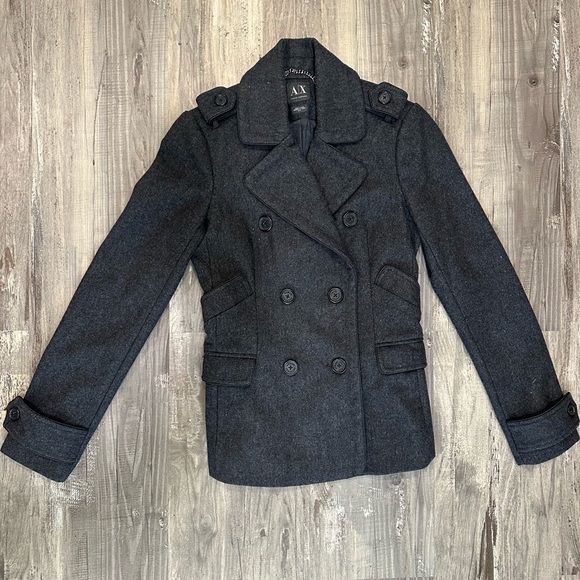 A/X Armani Exchange Wool Blend Charcoal Double-Breasted Pea Coat - Picture 2 of 5